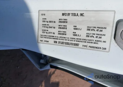 2020 Tesla Model 3 Long Range Dual Motor All-Wheel Drive из США, поврежденный, VIN 5YJ3E1EB3LF618997